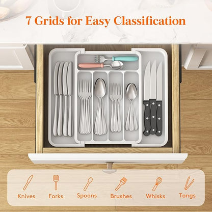 Lifewit Silverware Drawer Organizer, Expandable Utensil Tray for Kitchen, BPA Free Flatware and Cutlery Holder, Adjustable Plastic Storage for Spoons Forks Knives, 8.9-14.7 x 12.2", White - Image 3