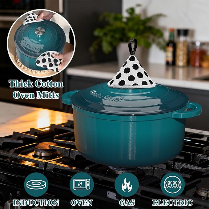 Umite Chef 7QT Enameled Cast Iron Dutch Oven with Lid & Cotton Potholders–Heavy-Duty Cookware for Bread Baking, Braising, Stews, Marinate, Cook(Emerald) - Image 6