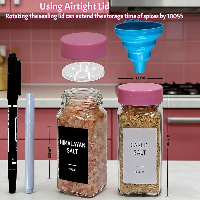 Pink Spice Jars with Labels - 24 Glass Spice with Shaker Lids & Airtight Plastic Caps - 4oz Complete Seasoning Containers Organizer Set for Cabinet, Drawer & Rack (Deeppink) - Image 5