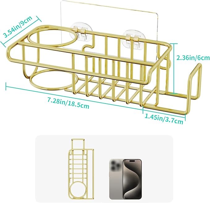 HapiRm Sponge Holder for Kitchen Sink, No Drill Kitchen Sink Caddy Organizer, Rustproof Dish Sponge Holder- Gold(8.73 * 3.54 * 2.36in) - Image 4