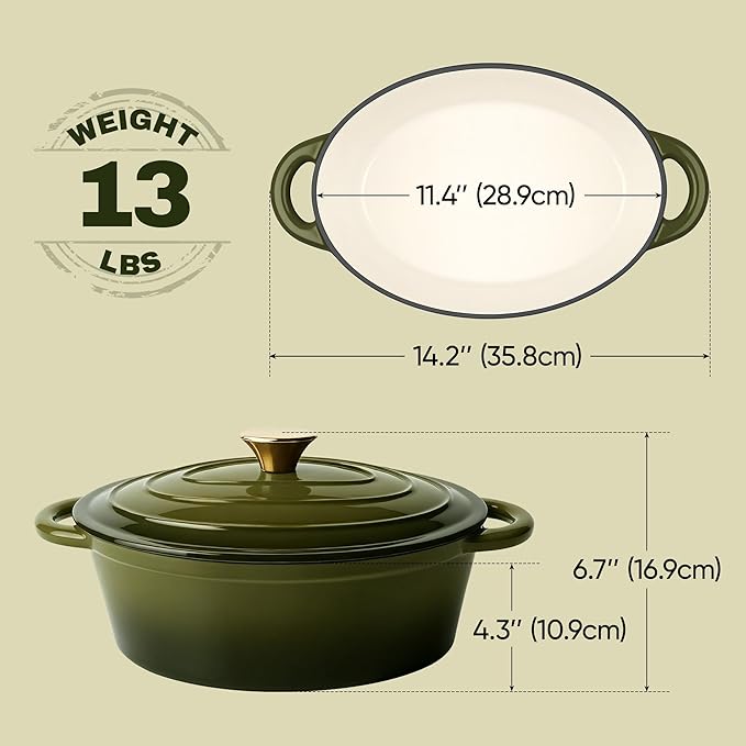 Vintage Style Oval Dutch Oven for Bread Baking, 4.5 Quart Non Stick Enameled Cast Iron Dutch Oven Pot with Lid, Oven Safe Oval Casserole with Lid up to 500°F for Baking, Braising, Stews, Roasting, Golden Green - Image 4