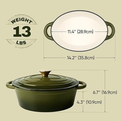 Vintage Style Oval Dutch Oven for Bread Baking, 4.5 Quart Non Stick Enameled Cast Iron Dutch Oven Pot with Lid, Oven Safe Oval Casserole with Lid up to 500°F for Baking, Braising, Stews, Roasting, Golden Green - Image 4