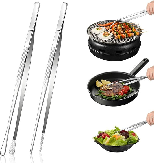 12-Inch Stainless Steel Kitchen Tongs Set, Straight & Round Edge Cooking Tweezers with Non-Slip Grip for BBQ, Grilling and Precision Cooking