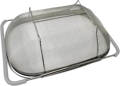 AJIODA Over The Sink Colander, 6 Quarts Stainless Steel Oval Colander with Expandable Rubber Grip Handle, Fine Mesh Strainer Baskets Kitchen Colanders for Strain, Drain, Rinse Vegetables, Fruits, Grey