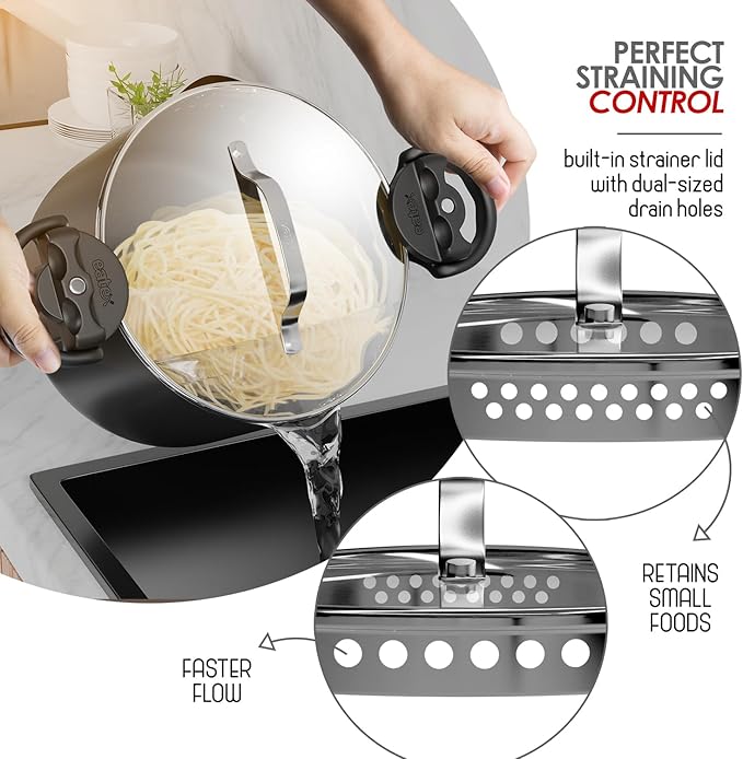 EATEX Pasta Pot with Strainer Lid - 5 Quart Multipurpose Stock Simmer Spaghetti with Strainer - Twist & Lock Handles, Nonstick Ceramic Stainless Steel Tempered Glass Black