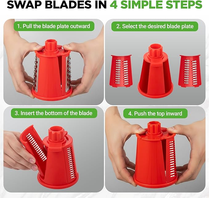 NutriChef 5 in 1 Cheese Grater & Shredder | 5 Different Blades for Thin, Thick, Julienne Strips, Wavy, & Straight Strips | Includes Hand Crank, Strong Suction Base & Storage Container | Red - Image 3