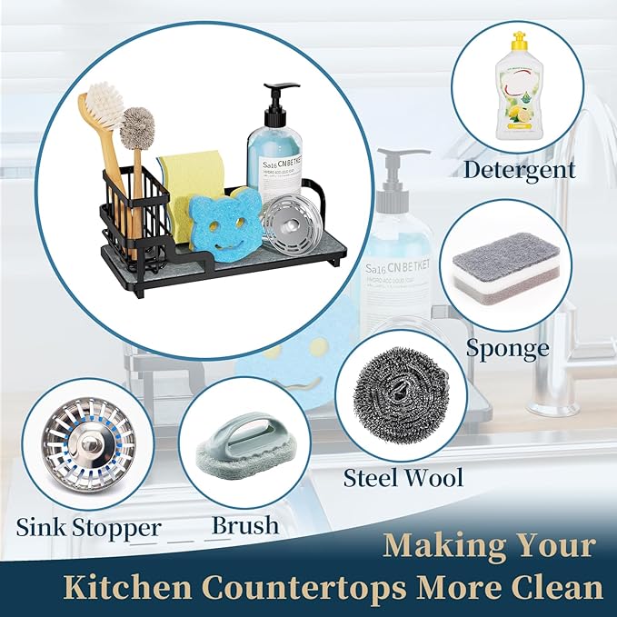 Consumest Sponge Holder for Kitchen Sink - Sink Caddy Organizer with Water Absorbing Stone Tray, Detachable Brush Holder, Stainless Steel Kitchen Counter Organizer Rack, Black - Image 7