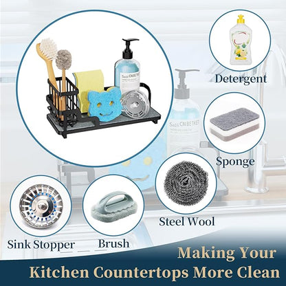 Consumest Sponge Holder for Kitchen Sink - Sink Caddy Organizer with Water Absorbing Stone Tray, Detachable Brush Holder, Stainless Steel Kitchen Counter Organizer Rack, Black - Image 7