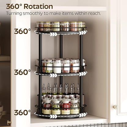 YATINEY 3-Tier Lazy Susan Organizer, Rotating Spice Rack, Spinning Organizer, Industrial Turntable Spice Rack Organizer for Cabinet, Kitchen Countertop, Pantry, Black SR23BK - Image 2