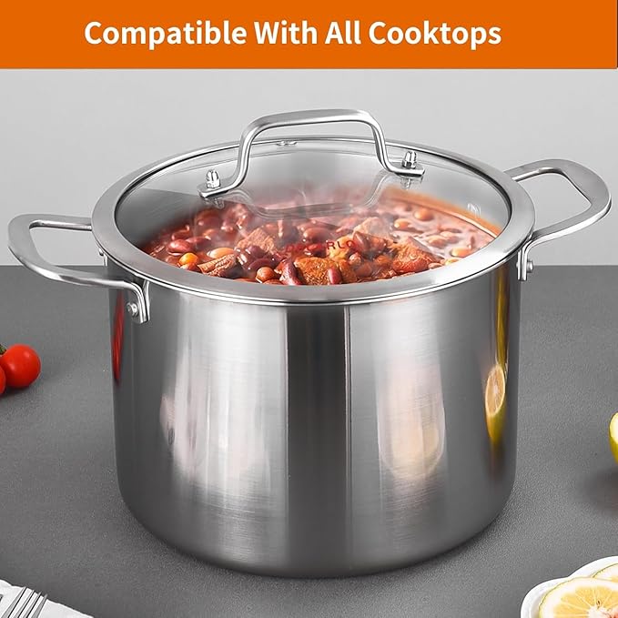 DELARLO Tri-Ply Stainless Steel Soup Pot 12QT, Tri-ply Big Pots for Cooking, 18/10 whole clad Stainless Steel Pot, Fast Even Heat, 12 QT Stock cookware with Lid, Pasta Pot, Induction Ready Up to 600℉ - Image 7