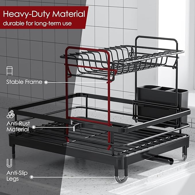 Sakugi Dish Drying Rack - X-Large Stainless Steel Dish Rack for Kitchen Counter, 2-Tier Kitchen Organizers and Storage for Dishes, Bowls, Cutlery, Black - Image 4