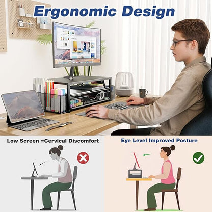 OPNICE Desk Organizers and Accessories, 2-Tier Computer Monitor Stand Riser with Drawer and 2 Pen Holders, Laptop Stand, Office Desk Accessories & Office Decor for Women, Pink - Image 6