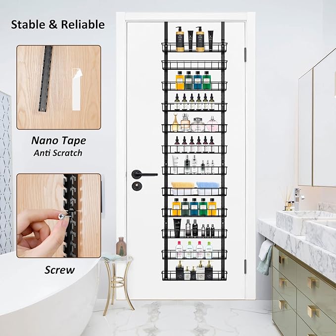 Churboro Over the Door Pantry Organizer Rack with 12 Adjustable Baskets, 12 Tiers Dual-use Spice Rack- Hanging or Wall Mount Spice Rack, Pantry Door Organizer, Black - Image 5