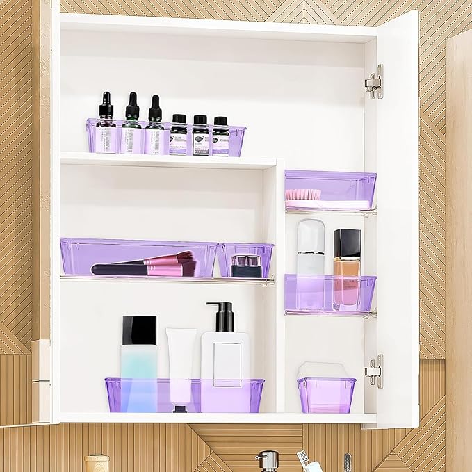 StorMiracle 16 PCS Drawer Organizer Set, 5 Varied Size Bathroom and kitchen Drawer cabinet organizer Trays, Clear Storage Bins for Makeup, Jewelry, Utensils and Gadgets, Purple - Image 6