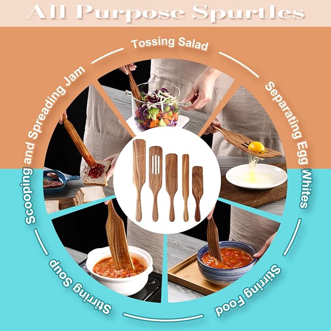 5Pcs Wooden Spurtle Set, Natural Acacia Wood Kitchen Utensils Set for Cooking, Stirring, Mixing, Serving, Heat Resistant Non-Stick, Wooden Spurtles for Mom, Wife Cooking Gifts