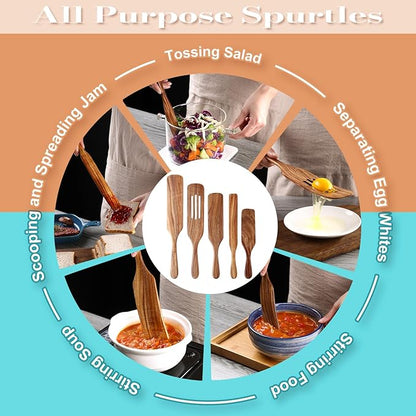 5Pcs Wooden Spurtle Set, Natural Acacia Wood Kitchen Utensils Set for Cooking, Stirring, Mixing, Serving, Heat Resistant Non-Stick, Wooden Spurtles for Mom, Wife Cooking Gifts