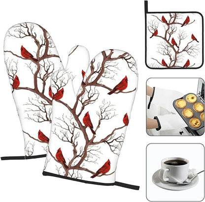 Winter Cardinal Birds Oven Mitts and Pot Holders Sets of 3 Kitchen Hot Pads Oven Gloves Heat Resistant Washable for Cooking Grilling Baking Christmas Holiday Kitchen Decor Cardinal Gifts for Women - Image 3