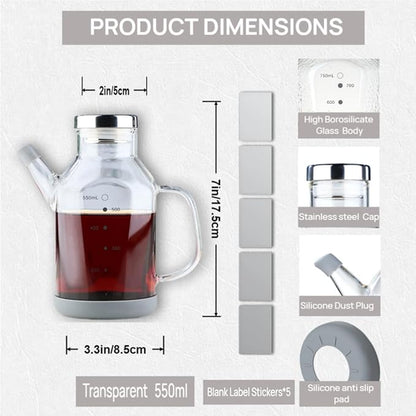 High Borosilicate Glass Oil Bottle-Olive Oil Dispenser for Kitchen-Soy Sauce and Vinegar Dispenser Bottle- Cooking Container Cruet-Oil Dispensing Bottles (Transparent, Small/550ml)
