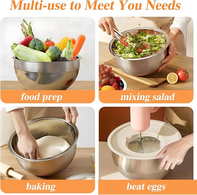 Mixing Bowls with Lids Set, 6 PCS Stainless Steel Mixing Bowls with 3 Grater Attachments, Kitchen Food Storage Organizers Nesting Mixing Bowl, Large Size 4.5, 3.5, 2.1, 1.5, 1.1, 0.7QT - Image 4
