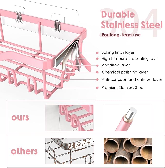 NESOMI Shower Caddy Adhesive Shower Organizer 8-Pack, Rustproof Stainless Steel Bathroom Shelves, Large Capacity No-Drill Rack Storage Accessories with Soap Dish Toothbrush Holder Hooks - Image 3