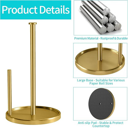 Paper Towel Holder Countertop, Standing Paper Roll Holder with Anti Slip Weighted Base, Stainless Steel Freestanding Paper Towel Holder for Kitchen, Gold - Image 4