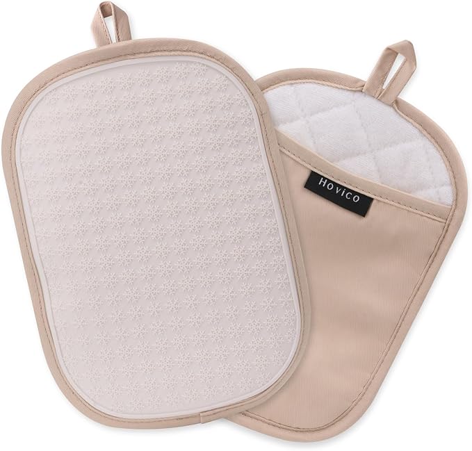 Hovico 2PCS Silicone Pot Holders, Oven Mitts Heat Resistant Hot Pads with Pockets, Non Slip Pot Holder for Kitchen Baking and Cooking| 9.8 x 7 Inches | Towel Cloth Interior Lining - Milkshake by Hovico