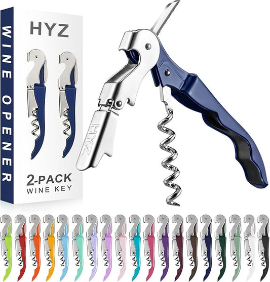 HYZ 2-Pack Wine Opener Waiter Corkscrew, Professional Wine Key for Servers, Bartender with Foil Cutter, Manual Wine Bottle Opener Double Hinged (Navy Blue) by HYZ
