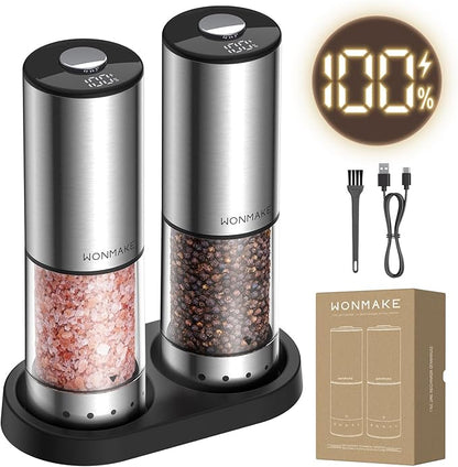 Electric Salt and Pepper Grinder Set, Type-C Rechargeable with LED Battery Level Display, Stainless Steel Salt and Pepper Shakers with Storage Base, Top Button Design, 5 Adjustable Coarseness Levels by WONMAKE