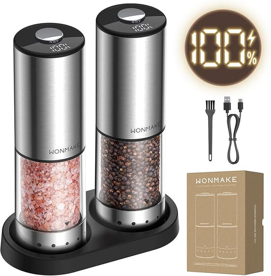 Electric Salt and Pepper Grinder Set, Type-C Rechargeable with LED Battery Level Display, Stainless Steel Salt and Pepper Shakers with Storage Base, Top Button Design, 5 Adjustable Coarseness Levels by WONMAKE