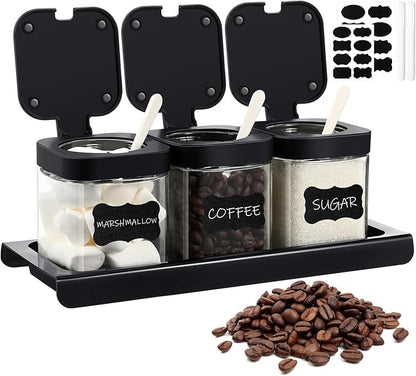 Suclain 3 Pcs Glass Coffee Containers Coffee Station Organizer Set, Airtight Bean Storage Jars with Shelf,labels,spoon, Base and Pen,for Sugar, Candy, Oats, Nuts(Black) by Suclain