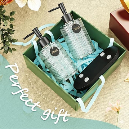 MASADI Soap Dispenser Set with Bamboo Tray, Dish and Hand Soap Lotion Dispenser Set with Wooden Pump for Kitchen and Bathroom Decor for Counter, Modern Vintage Liquid Soap Dispensers (Clear&Black) - Image 7