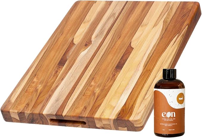 Teakhaus Cutting Board and EON Cutting Board Oil Set - Large (L) Teak Wood Chopping Board & Food-Grade Mineral Oil - 20”L x 15”W x 1.5” Thick - FSC Certified