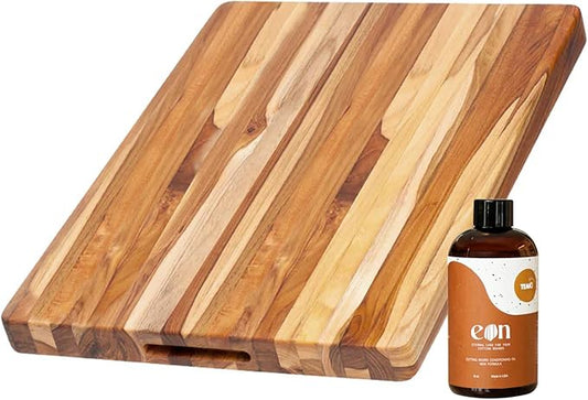 Teakhaus Cutting Board and EON Cutting Board Oil Set - Large (L) Teak Wood Chopping Board & Food-Grade Mineral Oil - 20”L x 15”W x 1.5” Thick - FSC Certified