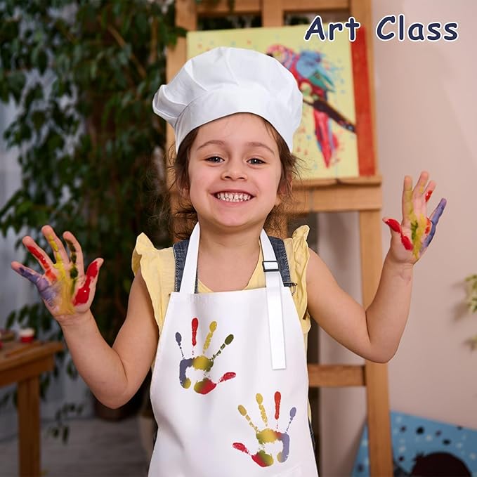 Kids Apron and Chef Hat Set, 30 Pieces Boys Girls Kids Apron with 2 Pockets Adjustable for Cooking Classroom Baking Painting, 6-13 Years, White