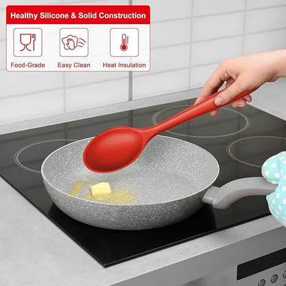 E-far Silicone Cooking Spoon Set of 2, Heat Resistant Kitchen Spoons Utensils Nonstick Mixing Spoon for Baking Stirring Serving, Non-Toxic & Dishwasher Safe (Red)