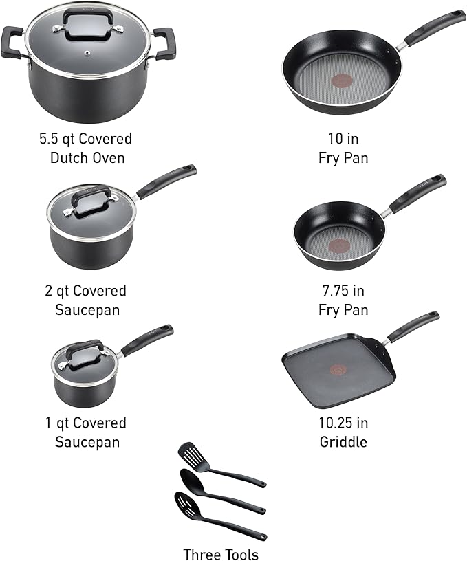 T-Fal Signature Nonstick Pots and Pans Set 12 Piece, Oven Broiler Safe 350F, Kitchen Cookware Set w/Fry Pans, Saucepans, Saute Pan, Dutch Oven, Griddle, Kitchen, Home, Dishwasher Safe, Black - Image 2