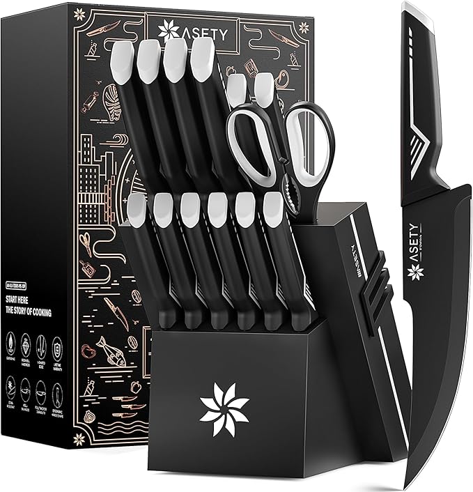 Knife Set - 15 PCS Kitchen Knife Set with Built-in Knife Sharpener Block - Stainless Steel Knife Block Set - Dishwasher Safe, Elegant Box for Men Women, Mothers Day, White by ASETY
