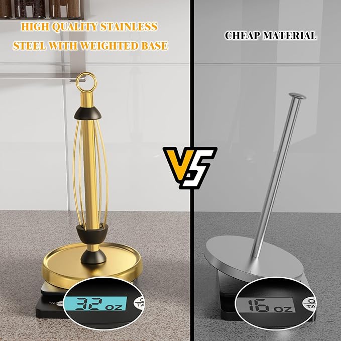 Gold Paper Towel Holder Countertop, Gold Kitchen Accessories Decor, One-Handed Tear, Stainless Steel, Weighted Base, Ring Paper Towel Holder Stand with Ratchet System for Kitchen Farmhouse Essentials
