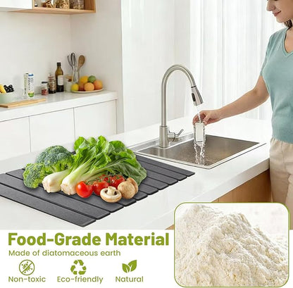 Large Stone Dish Drying Mat for Kitchen Counter, 24"x16" Collapsible Quick Dry Stone Dishes Mats, Water Absorbent Diatomaceous Earth Mats for Bottles Cups Dishes, Match Any Countertop