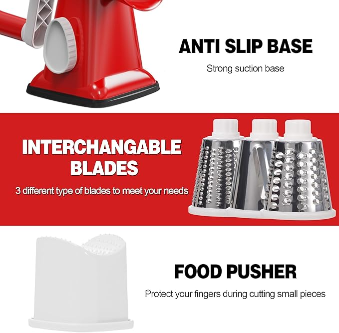 Cheese Grater Cheese Shredder with 3 Interchangeable Blades, Rotary Cheese Grater Manual Vegetable Slicer with Non-slip Suction Base Peanut Nuts Grinder Vegetable Shredder Red - Image 6