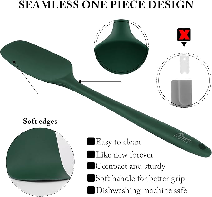 HOTEC 600℉ Heat Resistant BPA-Free Silicone Rubber Spatula Set,Kitchen Cooking Spatulas, Baking, Mixing for Non Stick Cookware, Dishwasher Safe, Dark Green Set of 5 - Image 6