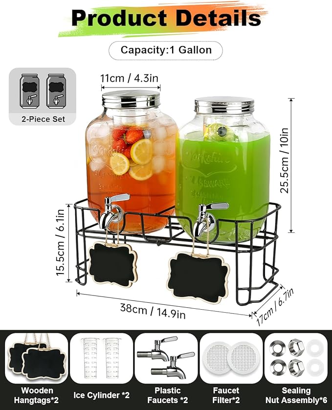 1 Gallon Drink Dispenser 2 Pack with Stand - Glass Beverage Dispenser for Parties, Juice, Water - Includes Spigot and Filter Separation and Chalkboard Labels