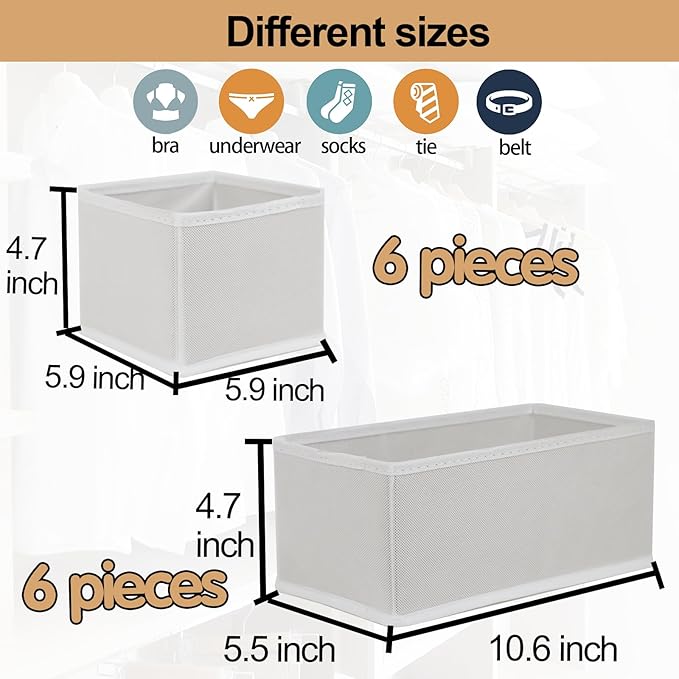 Fordonral Drawer Organizer Clothes, Foldable Fabric Dresser Organizer Closet Organizers and Storage Box for Underwear,Folded Clothes,Baby Clothing,Socks,Bra,Towels,Ties(6M+6S,White) - Image 2