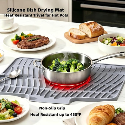 Silicone Dish Drying Mat for Kitchen Counter Sink,16"x13" Gray Rubber Dish Drying Mat with Drain Lip & Lanyard,Non-Slip dish drying Pad,silicone drying mat easy clean dish drain mat - Image 4
