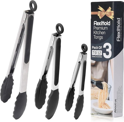 Pack of 3 Stainless Steel Kitchen Tongs with Silicone Tips – Non-Stick Cooking, Grilling & BBQ Tongs for Serving, Dishwasher Safe, 7", 9" & 12", Black by FlexiHold