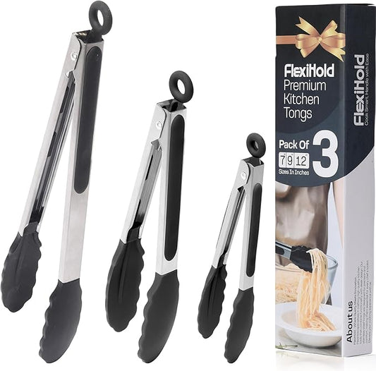 Pack of 3 Stainless Steel Kitchen Tongs with Silicone Tips – Non-Stick Cooking, Grilling & BBQ Tongs for Serving, Dishwasher Safe, 7", 9" & 12", Black by FlexiHold
