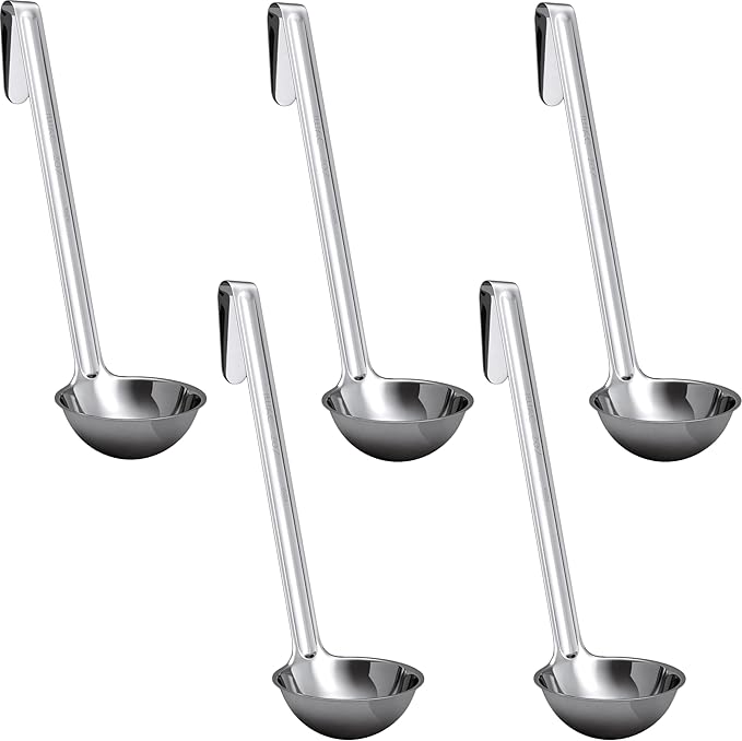 Super Sturdy, Ergonomic 2 Oz. Soup Ladle 5 Pk. Stainless Steel Ladles with Long Handles. Best Kitchen Accessories for Stirring, Portioning and Serving Soups, Chili and Stew in Restaurants and at Home by FoodRestaurantSupplies