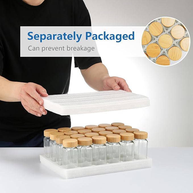 24Pcs Glass Spice Jars with Labels, 4oz Spice Containers with Bamboo Lids, Square Seasoning Containers Trial and Supplement Set for Spice Rack, Drawer, Cabinet
