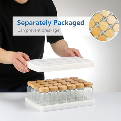 24Pcs Glass Spice Jars with Labels, 4oz Spice Containers with Bamboo Lids, Square Seasoning Containers Trial and Supplement Set for Spice Rack, Drawer, Cabinet
