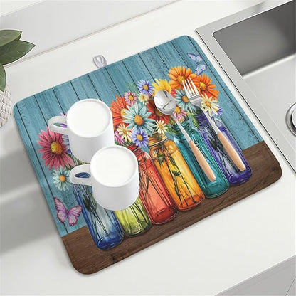 Vintage Floral Dish Drying Mat for Kitchen Counter Rustic Flower Vases Wooden Board Microfiber Dish Drainer Mat Spring Summer Absorbent Washable Drying Pad 16"x18"